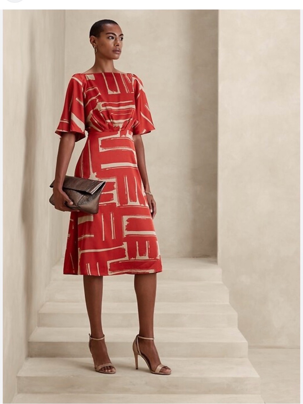 Banana Republic Red and Beige Geometric Midi Dress